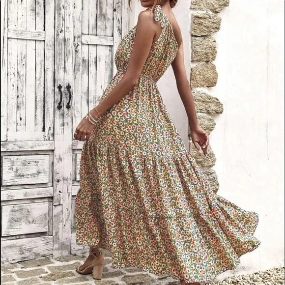 Boho tie shoulder A line maxi dress
